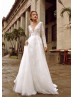 Long Sleeve V Neck Beaded Ivory Eyelash Lace Wedding Dress